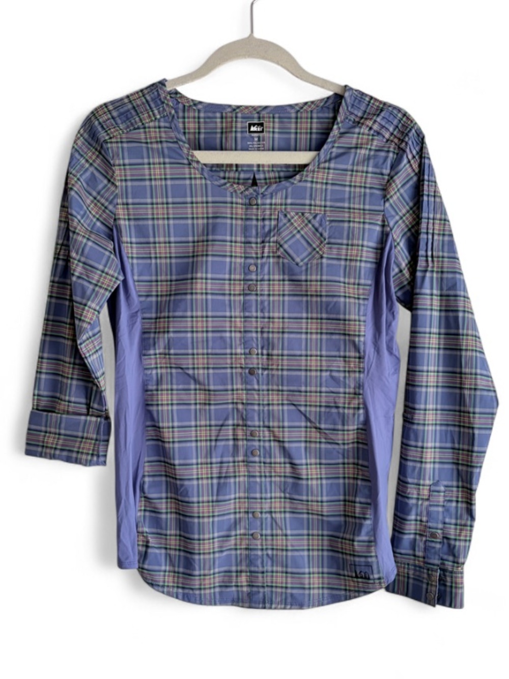 REI Women's Periwinkle Blue Plaid Quick Dry Snap Front Shirt Size M